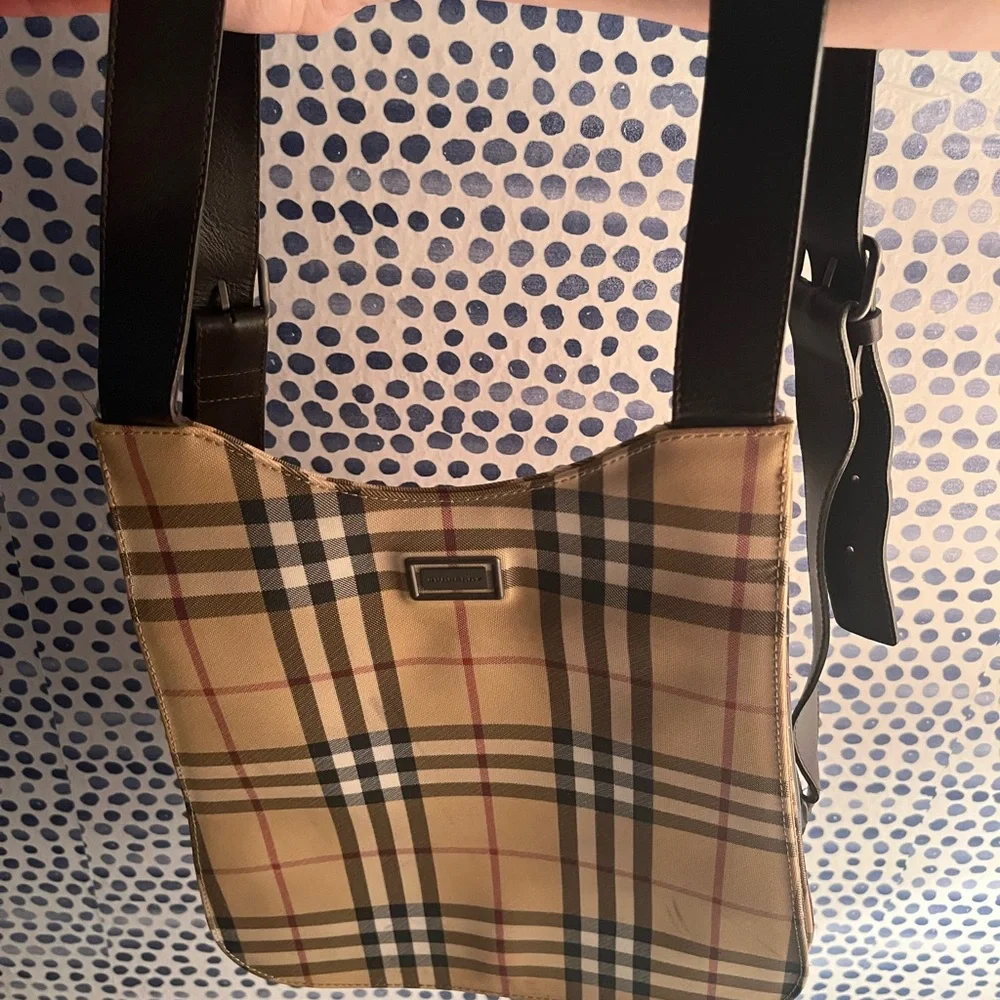Burberry Tan Plaid Canvas Backpack with Black Straps